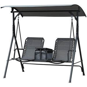 Balançoire de véranda extérieure 2 places avec auvent inclinable réglable, repose-pieds antidérapant, siège en maille respirante gris et table de rangement pivotante - Product Image 1