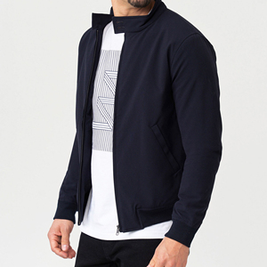 <b>Men's</b> <b>Navy</b> Blue Bomber Jacket Zipper Closure Stand Collar Casual <b>Fleece</b> Outerwear Autumn Regular Fit Knitted Polyester - Product Image 3