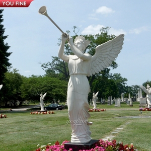 Statue d'ange en marbre blanc YOUFINE avec <span class=keywords><strong>trompette</strong></span>, sculpture d'ange ailé sculptée à la main pour la décoration de jardin - Product Image 5