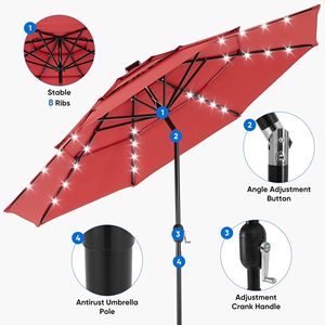 Ombrellone da Esterno Rosso da 3,05 m a 3 Livelli con LED Solari, Inclinabile e Resistente ai Raggi UV in Poliestere - Product Image 4