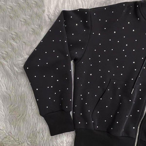 Custom Logo Zip-Up Hoodie Winter Fleece Heavyweight Streetwear 100% Cotton Oversized Rhinestone Men Sweatpants Hoodie <b>Set</b> - Product Image 2