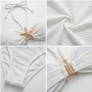 <b>White</b> Ribbed 2 Piece <b>Tankini</b> Set With Starfish Decoration Halter <b>Top</b> And Wrap Skirt For Women - Product Image 4