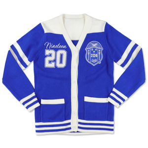 Cardigan universitaire Zeta Phi Beta 1920 pour femme, bleu et blanc, boutonné, en tricot, style veste de sororité avec poches - Product Image 1