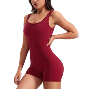 Deep burgundy <b>women</b> yoga jumpsuit front zipper activewear gym athletic <b>romper</b> scoop neck bodycon suit - Product Image 2
