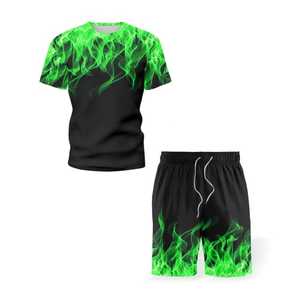 Custom Men's Black Yellow <b>Flame</b> Print T-<b>Shirt</b> and Shorts Set Crew Neck Quick Dry Sporty Summer Workout Wear - Product Image 2