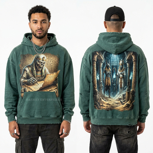 Sudadera con Capucha Verde con Efecto Ácido, Diseño Gráfico de Mumia Egipcia Antigua, Estilo Vintage Desgastado, Sudadera de Forro Polar Grueso para Hombre - Product Image 1