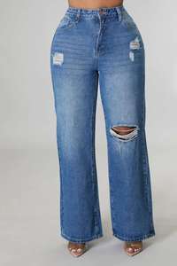 Pantalon en jean taille haute à jambe large, déchiré, bleu délavé moyen, coupe ample, longueur intégrale, en coton, style décontracté, fermeture boutonnée - Product Image 4