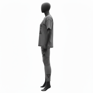 Conjunto de camiseta gris para mujer de algodón y poliéster premium de 180 GSM con logo serigrafiado y leggings con paneles acanalados de 240 GSM. Conjuntos para mujer. - Product Image 3