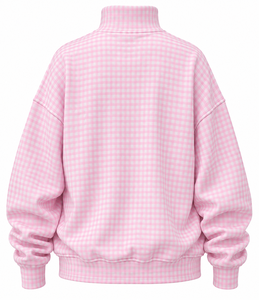 Sweat-shirt décontracté surdimensionné en molleton de coton pour femme, col montant, motif gingham, lettres brodées et sérigraphiées, personnalisable en gros - Product Image 4