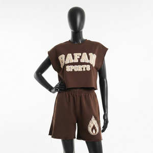 Ensemble haut court sans manches et short pour femme 100% coton, coton molletonné de qualité supérieure, broderie appliquée marron, logo personnalisé - Product Image 5