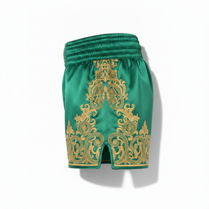 Shorts de boxe en soie verte avec broderie dorée, coupe classique, vêtements d'arts martiaux pour hommes, taille adulte, design brodé à la main - Product Image 4