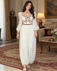 Mishkat Couture Caftan Maxi Marocain Karakou Ivoire Badroun Broderie à la main Fil de soie Perles Strass Ornements Cloche - Product Image 4