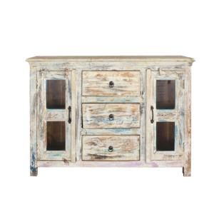 Farmhouse Whitewashed Reclaimed Wood Sideboard Strong Durable 2 Glass Doors 3 Drawers Rustic Shabby Chic Buffet <b>Cabinet</b> Room - Product Image 4
