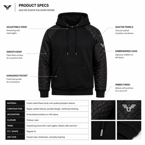 Men's Solid <b>Quilted</b> Panel Pullover <b>Hoodie</b> Heavyweight Cotton Fleece Anti-Wrinkle Streetwear Winter Jacket OEM Custom Breathable - Product Image 5