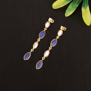 Boucles d'oreilles pendantes en argent sterling 925 avec pierres précieuses lapis-lazuli et nacre pour femmes - Product Image 3