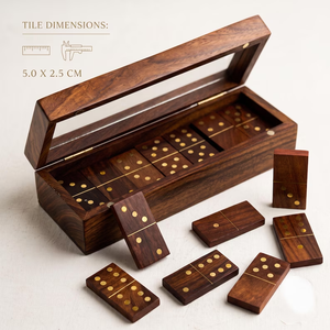 ชุดโดมิโนไม้ |   กล่องไม้โรสวูดอินเดียฝังทองเหลือง ฝาแก้ว ดับเบิ้ลซิกซ์ - Product Image 1
