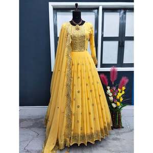 VESTIDO DE TRABAJO BORDADO GEORGETTE DE DISEÑADOR CON DUPATTA AMARILLO - Product Image 1