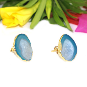 Goran Vogue Unique Design Blue Geode Druzy Gemstone Skeleton Geometric 24K Gold Plated <b>Brass</b> Girls Women's Gift Stud Earrings - Product Image 3