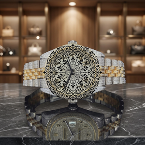 Montre à quartz vintage de luxe AMBER JEWELS, boîtier rond, lunette dorée, cristal indien, analogique, fermoir à boucle, 42 mm, étanche, T-3835 - Product Image 1