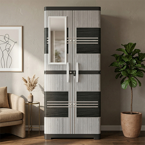 Armario de Plástico Naiba Deluxe con Puertas Largas, Estilo Madera Gris, Puertas Abatibles con Paneles Redondeados y Espejo para Almacenamiento en el Dormitorio - Product Image 1