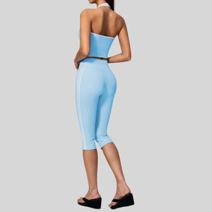 Conjunto de yoga OEM de 3 piezas para mujer: camiseta sin costuras de elastano/poliéster, pantalones cortos de ciclista, top largo, ropa deportiva, sujetador deportivo de cintura alta transpirable - Product Image 6