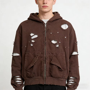 Sweat à capuche gaufré double couche pour homme, en coton déchiré, délavé à l'acide, avec fermeture éclair et effet vieilli, style streetwear - Product Image 1