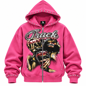 Men's Vintage Fur Collar <b>Zip</b> <b>Up</b> <b>Hoodie</b> 100% Cotton <b>Fleece</b> printed Streetwear Jacket <b>Zip</b> OEM Oversized Rhinestone <b>Zip</b> <b>Up</b> <b>Hoodie</b> - Product Image 4
