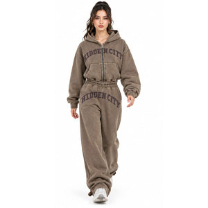 Survêtement marron à capuche pour femme, coupe ample, style décontracté, avec fermeture éclair intégrale, poches latérales et imprimé lettres - Product Image 5