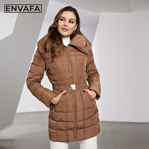 Abrigo de invierno para mujer con capucha y cinturón, impermeable, largo, tipo parka, cálido, acolchado, con relleno, diseño a cuadros, chaqueta de plumón gruesa para nieve. - Product Image 1