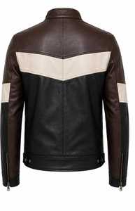 เสื้อแจ็คเก็ตหนังบล็อกสีสำหรับผู้ชาย คอตั้ง ปิดด้วยซิป - Product Image 4