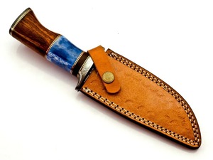 Couteau de camping Bowie artisanal de qualité industrielle avec lame en acier Damas de 10 pouces, manche en os et bois, étui en cuir - Product Image 6