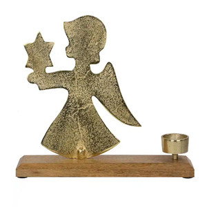 Porte-bougie en aluminium en forme d'ange avec étoile, pour bougie chauffe-plat de Noël, avec base en bois de manguier, hauteur 12 pouces - Product Image 2