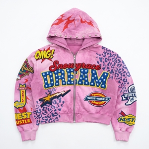 Snowgrace Pink <b>Leopard</b> <b>Print</b> Zip-Up Hoodie Unisex Streetwear Crop Fit Embroidered Design Oversized Hooded <b>Sweatshirt</b> - Product Image 1