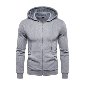 Sudadera con capucha y cremallera para hombre, corte ajustado, color gris sólido, algodón, informal, para otoño, estilo urbano. - Product Image 1
