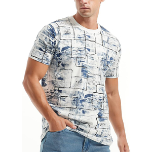 Navy Blue White Abstract Sketch Block Washed Print Short Sleeve Crew Neck Casual Men T <b>Shirt</b> - Product Image 3