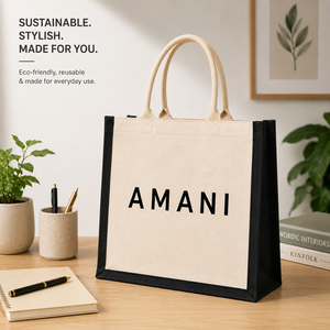กระเป๋าผ้าแคนวาส AMANI ขนาด 16x14x6 นิ้ว สีเบจ พร้อมหูหิ้วผ้าฝ้ายสีดำ - Product Image 4