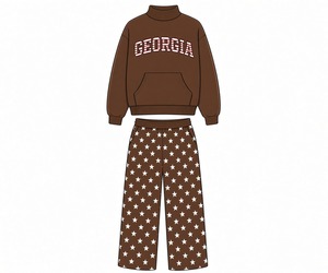 Ensemble de sweat-shirt surdimensionné à col montant pour femme, haut décontracté à manches longues et pantalon imprimé à motif étoile, pantalon à jambes larges - Product Image 6