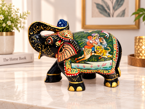 Estatua de Elefante de Madera Pintada a Mano Hecha en India al por Mayor, con Tronco Arqueado, Adorno Decorativo para Mesa del Hogar, Ideal para Regalo de Inauguración - Product Image 1