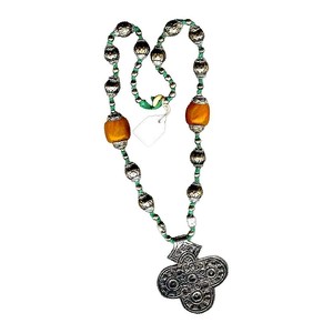Handcrafted Boho Cross <b>Necklace</b>, Tribal Cross <b>Necklace</b> with Silver Tone Pendant with Green and Amber Beads, <b>Statement</b> Jewelry - Product Image 5