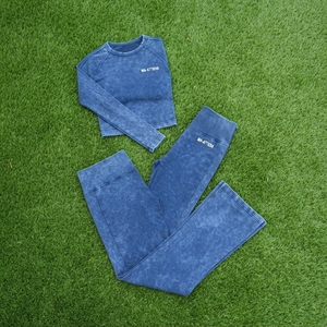 Women <b>Navy</b> Blue Solid Front Yoga Set Sleeveless Crop <b>Top</b> Mid Waist Flare Leggings Quick Dry Eco-Friendly Gym Fitness Workout - Product Image 3