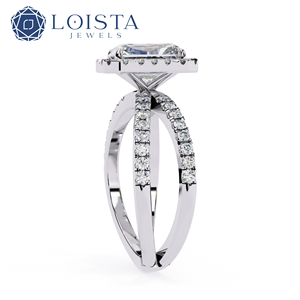 LOISTA Emerald Cut Diamond <b>Ring</b> With Halo And Side Stones In White Gold For Women's Engagement Classic Style GIA Certified - Product Image 2