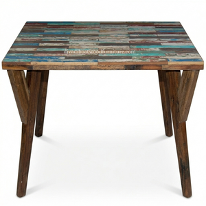 Table à manger carrée en bois de bateau recyclé, faite à la main, écologique, avec système de démontage, couleur naturelle, style ancien bateau - Product Image 2