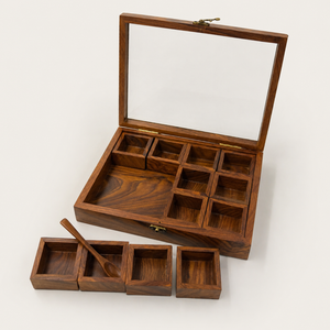 Luxury Wooden <b>Spice</b> Box with Brass Inlay | Handcrafted Masala Dabba Organizer Glass Lid Premium Kitchen <b>Storage</b> Container Gift - Product Image 1