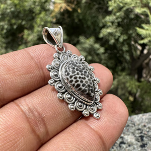 Handmade Black Coral Fossil Teardrop Pendant 925 Sterling Silver Bohemian <b>Statement</b> Filigree Pendant Wholesale Jewelry - Product Image 4