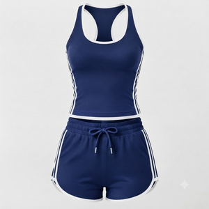 Ensemble de sport deux pièces pour femmes, débardeur sans manches et short, rayures bleues sur le côté, respirant, tricoté, sportif, décontracté, vêtements d'été - Product Image 1
