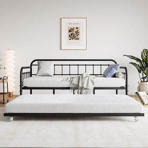 Struttura Letto a Giorno Matrimoniale in Metallo Rinforzato con Letto Estraibile, Supporto a Doghe in Acciaio, Piattaforma Divano Letto con Testiera, Nessun Box Spring Necessario - Product Image 3