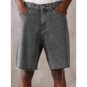 Shorts en jean personnalisés avec strass noirs pour hommes, ourlet brut, streetwear d'été, hip-hop, jeans à clous en cristal, jorts unisexe, élastique - Product Image 1