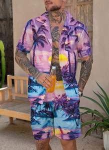 mens purple blue tropical beach sunset palm tree print <b>short</b> <b>sleeve</b> lapel <b>button</b> <b>up</b> <b>shirt</b> matching <b>shorts</b> 2 piece set casual - Product Image 3