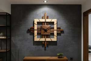 Handmade Artisan Crafted Solid Wood Wall <b>Clock</b> | Two-Tone Layered Walnut Timepiece | Wooden Sculpture | Square Sunburst Design - Product Image 2