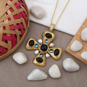 Black Onyx Gold Plated Cross Pendant <b>Necklace</b> with Swiss Blue Topaz and Pearl <b>Statement</b> Gemstone Jewelry - Product Image 4